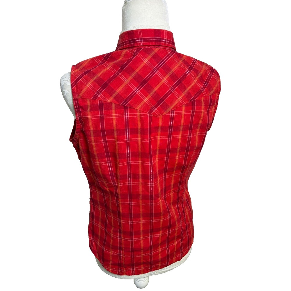 Vtg ROPER Red Plaid Pearl Snap Western Shirt~Womens M~Sleeveless Cowgirl Rodeo - Picture 5 of 14